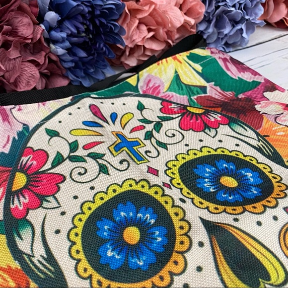 Eco-Friendly Colorful Sugar Skull Folding Tote Bag - Picture 9 of 14